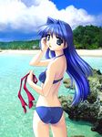  arm_up ass beach bikini blue_bikini blue_eyes blue_hair blush cloud cowboy_shot day from_behind hair_intakes halter_top halterneck hand_in_hair holding kanon long_hair looking_at_viewer looking_back minase_nayuki norizou_type-r ocean open_mouth outdoors photo_background red_ribbon ribbon sky solo swimsuit water 