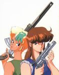  80s back-to-back blonde_hair brown_hair bubblegum_crisis crossover earrings gall_force green_hair gun handgun highres holding holding_gun holding_weapon jewelry long_hair lufy multicolored_hair multiple_girls oldschool open_mouth priscilla_asagiri red_eyes revolver rifle short_hair simple_background sleeveless sonoda_ken'ichi tan two-tone_hair weapon 