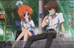  1girl :p bag blue_eyes brown_hair clenched_teeth day eating food full_body highres higurashi_no_naku_koro_ni ice_cream maebara_keiichi orange_hair outdoors pole popsicle ryuuguu_rena sakai_kyuuta scan school_bag shirt short_sleeves sitting teeth tongue tongue_out tree white_shirt 