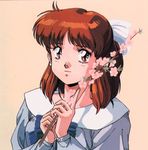  80s anice_farm artist_request bow bowtie branch brown_eyes brown_hair cherry_blossoms chouon_senshi_borgman earrings flower hair_ribbon half_updo holding jewelry light_smile long_sleeves looking_at_viewer oldschool pink_background ribbon simple_background solo upper_body white_ribbon 