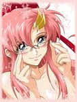  adjusting_eyewear artist_request blue_eyes blush glasses gundam gundam_seed gundam_seed_destiny hair_ornament lacus_clyne long_hair looking_at_viewer nude pink pink_hair portrait smile snowflakes solo 