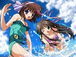  beach bikini blue_eyes brown_hair day game_cg hinata_mutsuki hinomori_azusa hinomori_mina jpeg_artifacts long_hair multiple_girls one_eye_closed pia_carrot_(series) pia_carrot_e_youkoso!! short_hair swimsuit 