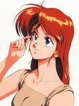  80s bug gall_force hair_pull highres insect ladybug long_hair oldschool red_hair sandy_newman simple_background smile solo sonoda_ken'ichi 