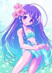  :d ahoge aqua_hair bikini blush breasts flower gradient_hair hair_flower hair_ornament head_tilt hibiscus kusui_aruta long_hair multicolored_hair navel open_mouth original purple_eyes purple_hair sarong sarong_lift small_breasts smile solo sparkle standing swimsuit very_long_hair 