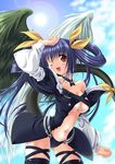  asymmetrical_wings blush bow breasts dizzy guilty_gear hair_bow large_breasts midriff navel noritama_(gozen) one_eye_closed open_mouth red_eyes ribbon smile solo tail tail_ribbon thighhighs twintails underboob wings 