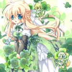  2girls animal_ears aono_rio blonde_hair blue_eyes clover dress green_eyes long_sleeves miniboy minigirl multiple_girls original ribbon shamrock squirrel white_hair 