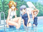  armpits arms_up bench blonde_hair blue_eyes blue_hair blush braid breasts chain-link_fence covered_navel day fang fence game_cg green_eyes hair_ribbon kanisawa_kinu kickboard kiriya_erika large_breasts multiple_girls nervous one-piece_swimsuit orange_hair ponytail pool pool_ladder poolside ribbon satou_yoshimi school_swimsuit shironeko_sanbou sitting skin_tight smile soaking_feet swimsuit tsuyokiss wading water white_swimsuit yellow_eyes 