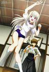  albino brown_eyes brown_hair buruma fate/stay_night fate_(series) flat_chest fujimura_taiga gym_uniform highres illyasviel_von_einzbern isono_satoshi kneehighs long_hair megami multiple_girls open_mouth red_eyes scan short_hair socks tiger_dojo weapon white_hair 