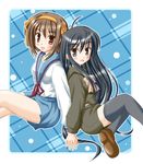  blue_sailor_collar brown_hair crossover hiiragi_tomoka kita_high_school_uniform long_sleeves multiple_girls sailor_collar school_uniform serafuku shakugan_no_shana shana short_hair suzumiya_haruhi suzumiya_haruhi_no_yuuutsu thighhighs 