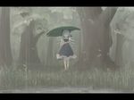  blue_hair bow cirno forest grass hair_bow hair_over_eyes leaf_umbrella letterboxed lowres nature rain short_hair solo standing takuzui touhou umbrella wings 