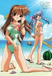  artist_request beach bikini blue_hair brown_eyes brown_hair day food fruit kneeling looking_back multiple_girls nagamori_mizuka nanase_rumi one outdoors satomura_akane scan suikawari swimsuit twintails watermelon 