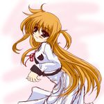  arisa_bannings emblem frapowa green_eyes head_tilt long_hair long_sleeves looking_at_viewer lyrical_nanoha mahou_shoujo_lyrical_nanoha orange_hair pink_background pose red_ribbon ribbon seishou_elementary_school_uniform simple_background solo uniform upper_body very_long_hair 