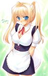  arms_behind_back blonde_hair blue_eyes blush breasts cleavage frown large_breasts maid original solo twintails waitress yano_takumi 