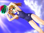  artist_request brown_hair cloud copyright_request day game_cg green_eyes name_tag one-piece_swimsuit school_swimsuit sky solo swimsuit themed_object 