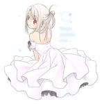  bare_shoulders blonde_hair dress fate/stay_night fate_(series) from_behind illyasviel_von_einzbern kannuki_hisui looking_at_viewer looking_back red_eyes simple_background sitting solo white_background white_dress 