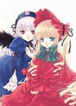  :o black_wings blonde_hair blue_eyes bonnet dress flower frills hairband hands_together lolita_hairband long_sleeves looking_at_viewer lowres multiple_girls noda_mirei parted_lips pink_eyes red_dress rose rozen_maiden shinku silver_hair simple_background sitting suigintou twintails upper_body v_arms white_background wings 