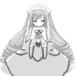  bangs chaudlapin drill_hair flat_chest frills greyscale hat lolita_fashion long_hair long_sleeves monochrome ribbon rozen_maiden solo suiseiseki twin_drills twintails very_long_hair 