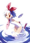  :p arms_behind_back blue_hair bunny detached_wings harada_takehito highres leaning_forward necktie one-piece_swimsuit original pleinair pointy_ears red_eyes ribbon short_hair solo swimsuit thigh_gap tongue tongue_out usagi-san wading water wings 