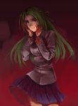  artist_request blazer blood blood_on_face bloody_clothes dark green_hair hands_on_own_face higurashi_no_naku_koro_ni jacket long_hair long_sleeves lowres pleated_skirt red_background school_uniform skirt skirt_lift solo sonozaki_shion source_request tears yandere 