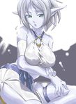  artist_request bare_shoulders blue_skin collarbone copyright_request dark_elf elf green_eyes halter_top halterneck lips pointy_ears sitting solo thighhighs 