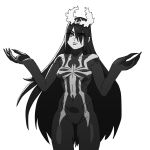  1girl black_hair breasts eyebrows_visible_through_hair genderswap genderswap_(mtf) hair_between_eyes hair_ribbon humanization long_hair looking_at_viewer marvel monster_girl multiple_girls personification pose ribbon simple_background solo somersaultdropkick spider-man_(series) symbiote symbol venom_(marvel) very_long_hair white_background yandere 