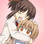  ayukawa_megumi blush brown_hair closed_eyes hand_on_another's_head hug long_sleeves lowres multiple_girls orange_eyes peko ponytail school_uniform short_hair touji_no_sato yamabuki_chisato 