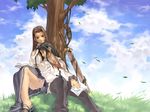  1girl against_tree albatini_de_medich ascot black_hair book brown_hair buttons closed_eyes cloud couple cross day earrings empress_christina grass green_eyes hetero jewelry kim_hyung_tae leaf legs lipstick long_sleeves makeup nature necklace official_art on_ground outdoors sandals side_slit sitting skirt sky sleeping smile strap sword tree under_tree wallpaper war_of_genesis war_of_genesis_iii weapon wind 