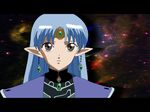  artist_request blue_hair brown_eyes closed_mouth earrings expressionless jewelry lafiel letterboxed looking_at_viewer pointy_ears seikai_no_senki solo space star tiara upper_body 