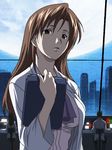  breasts brown_hair chair cityscape clipboard frown full_moon horibe_hiderou interlude labcoat large_breasts long_hair long_sleeves marufuji_izumi monitor moon night night_sky office_chair sitting sky solo_focus standing upper_body window 