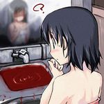  ? bare_shoulders black_hair blood blush confused copyright_request different_reflection horror_(theme) lowres multiple_girls oekaki reflection short_hair sink sweatdrop yamai 