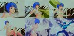  80s blue_eyes blue_hair breasts collage detached_sleeves heart highres large_breasts lipstick makeup midriff oldschool screencap short_hair tearing_clothes torn_clothes wingman wingman_(wingman) yume_aoi 