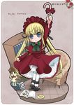  blonde_hair bloomers blue_eyes book bow bowtie cane hayashi_tsugumi kunkun long_hair long_sleeves rozen_maiden shinku solo stuffed_animal stuffed_dog stuffed_toy tea underwear 