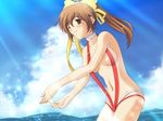  beach breasts brown_eyes brown_hair choker cloud day game_cg inou_mai karyuu_kagehisa medium_breasts ocean one_eye_closed outdoors ponytail slingshot_swimsuit solo summer_radish_vacation swimsuit water 