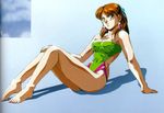  80s anice_farm arm_support artist_request bare_shoulders barefoot brown_eyes brown_hair casual_one-piece_swimsuit chouon_senshi_borgman earrings hair_ribbon half_updo jewelry oldschool one-piece_swimsuit reclining ribbon scan shadow sitting solo swimsuit 