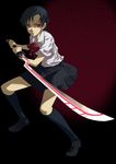  black_hair blood+ katana kneehighs mizuki_makoto otonashi_saya red_eyes school_uniform short_hair socks solo sword weapon 