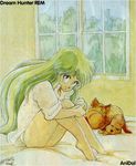  80s alpha_(dream_hunter_rem) animal artist_request ayanokouji_rem barefoot bed beta_(dream_hunter_rem) cat dog dream_hunter_rem dress_shirt feet green_hair indoors leg_hug long_hair oldschool panties rain shirt signature sitting smile solo underwear white_panties window 