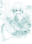  apron aqua brooch flower flower_pot jewelry kiritaku kotonomiya_yuki long_sleeves maid maid_headdress monochrome plant potted_plant puffy_sleeves smile solo suigetsu watering_can 