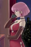  1girl blush breasts brown_gloves choker cleavage dress earrings elbow_gloves gloves gundam haman_karn jewelry lowres md5_mismatch necklace noise_(tsuzuki) phone pink_hair purple_eyes short_hair solo 