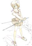  1girl artoria_pendragon_(all) blonde_hair blue_eyes crossed_arms dual_wielding fate/stay_night fate_(series) holding holding_sword holding_weapon long_sleeves pleated_skirt resized saber sandals skirt solo sword weapon 