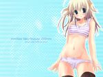  black_legwear blue_bra blue_panties blush bow bow_panties bra copyright_request flat_chest highres ikegami_akane lingerie long_hair messy_hair panties panty_pull solo standing striped striped_panties thighhighs underwear underwear_only wallpaper 