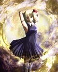  alternate_costume aojiru_(shiro_to_kuro_no_mukyou) armlet arms_behind_head blonde_hair cross dress hair_ribbon inverted_cross latin_cross red_eyes ribbon rumia short_hair solo touhou 