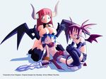  2girls :&gt; artist_request bat_wings breast_rest breasts breasts_on_head cleavage demon_girl disgaea elbow_gloves etna gloves horns laharl large_breasts makai_senki_disgaea miniskirt multiple_girls pointy_ears red_hair revealing_clothes skirt succubus succubus_(disgaea) sword thighhighs twintails weapon wings 
