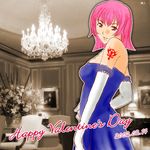  arm_tattoo artist_request bare_shoulders blue_dress dated dress elbow_gloves gloves gundam haman_karn photo_background pink_hair red_hair sepia_background solo tattoo 