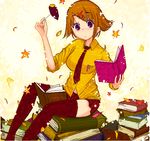  artist_request autumn_leaves book breasts brown_hair food large_breasts leaf looking_at_viewer miniskirt necktie oekaki orange_shirt original red_legwear red_neckwear red_skirt school_uniform shirt short_hair sitting sitting_on_books skirt solo source_request sweet_potato thighhighs zettai_ryouiki 