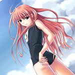  adjusting_clothes adjusting_swimsuit black_school_swimsuit blue_eyes cloud day floating_hair from_behind from_below hair_down long_hair looking_back lyrical_nanoha mahou_shoujo_lyrical_nanoha mahou_shoujo_lyrical_nanoha_a's nakayama_yukiji name_tag older one-piece_swimsuit red_hair school_swimsuit sky solo swimsuit very_long_hair vita 