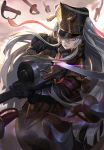  1girl altair_(re:creators) black_gloves gauntlets gloves gun hair_between_eyes hat james_ghio long_hair looking_at_viewer military military_uniform multiple_swords pink_eyes re:creators red_eyes saber_(weapon) shako_cap shiny silver_hair solo sword twintails uniform very_long_hair weapon 