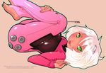  ass barefoot diana_jakobsson feet green_eyes handheld_game_console latex long_sleeves nintendo_ds original personification pink product_girl solo toes white_hair 