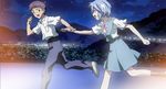  1girl artist_request ayanami_rei blue_hair bush city_lights happy ikari_shinji neon_genesis_evangelion neon_genesis_evangelion:_the_iron_maiden_2nd night night_sky pulling running school_uniform sky star_(sky) starry_sky wrist_grab 