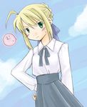  ahoge artist_request artoria_pendragon_(all) blonde_hair blouse fate/stay_night fate_(series) green_eyes hand_on_hip head_tilt long_sleeves neck_ribbon ribbon saber solo white_blouse 