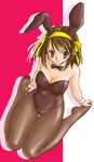  animal_ears brown_hair brown_legwear bunny_ears bunnysuit pantyhose short_hair solo suzumiya_haruhi suzumiya_haruhi_no_yuuutsu uraharukon 